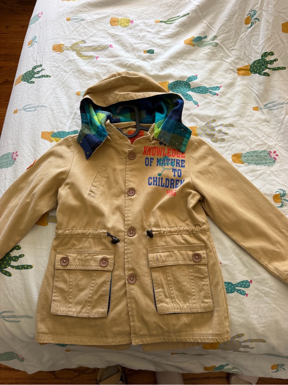 Kids Divided Hooded Utility Jacket in Tan - Knowledge of Nature Graphic